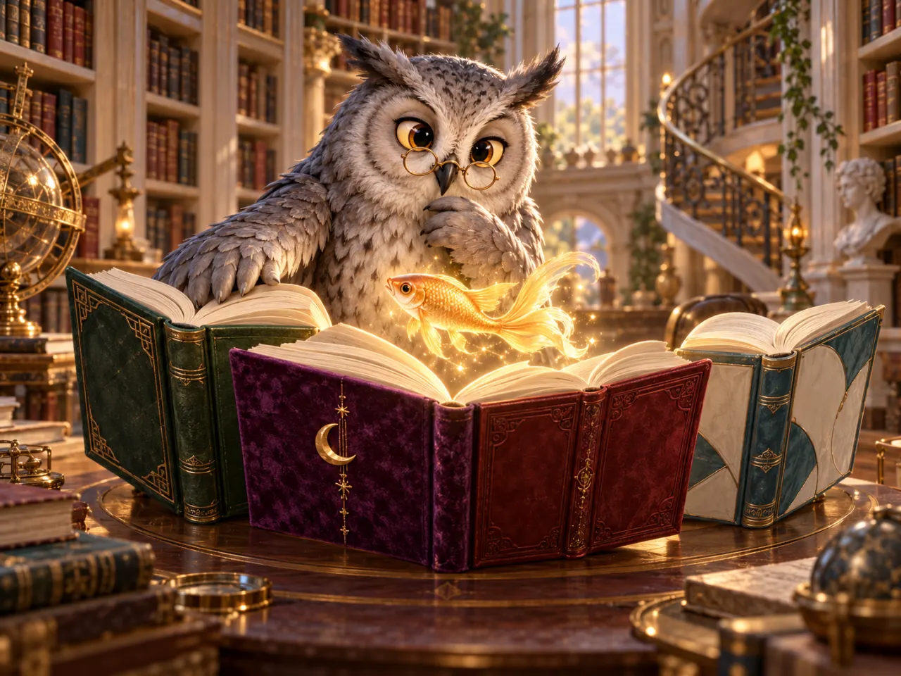 Четыре старинные книги в графите и золоте лежат веером на столе, из каждой поднимается своя светящаяся змейка, и все они сплетаются в один золотой узор